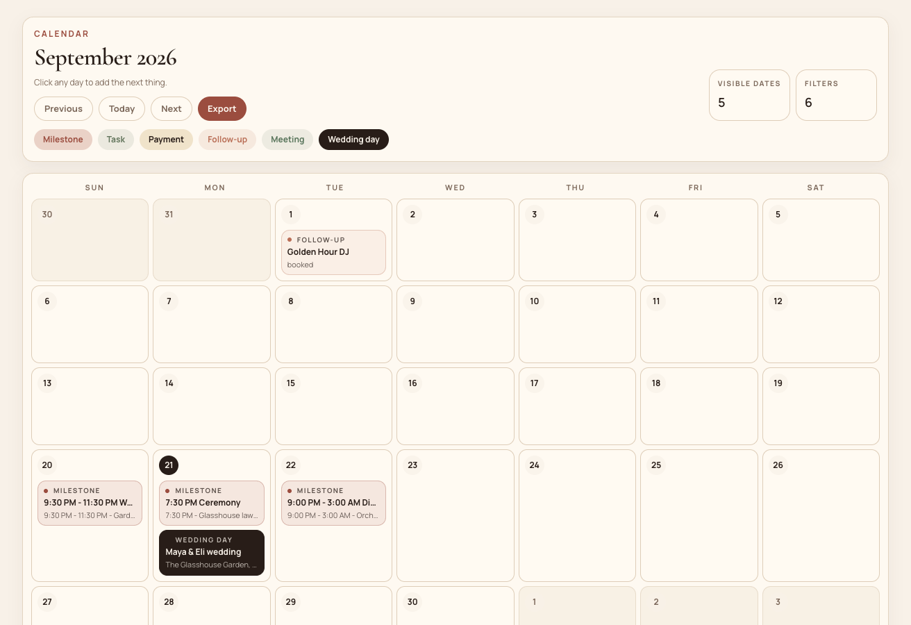 Mira planning calendar for September 2026 with the wedding day marked