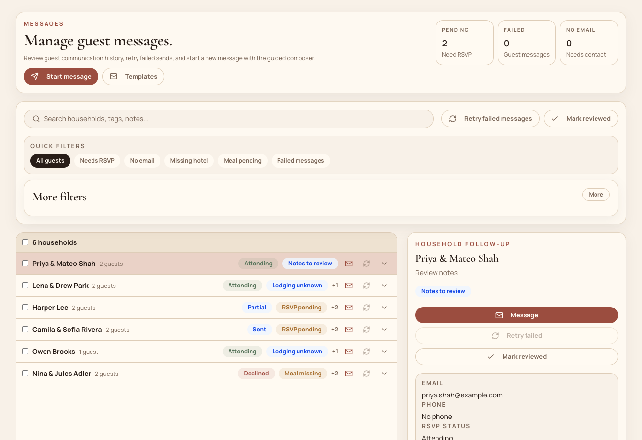 Mira guest communications view filtered to all households with message status
