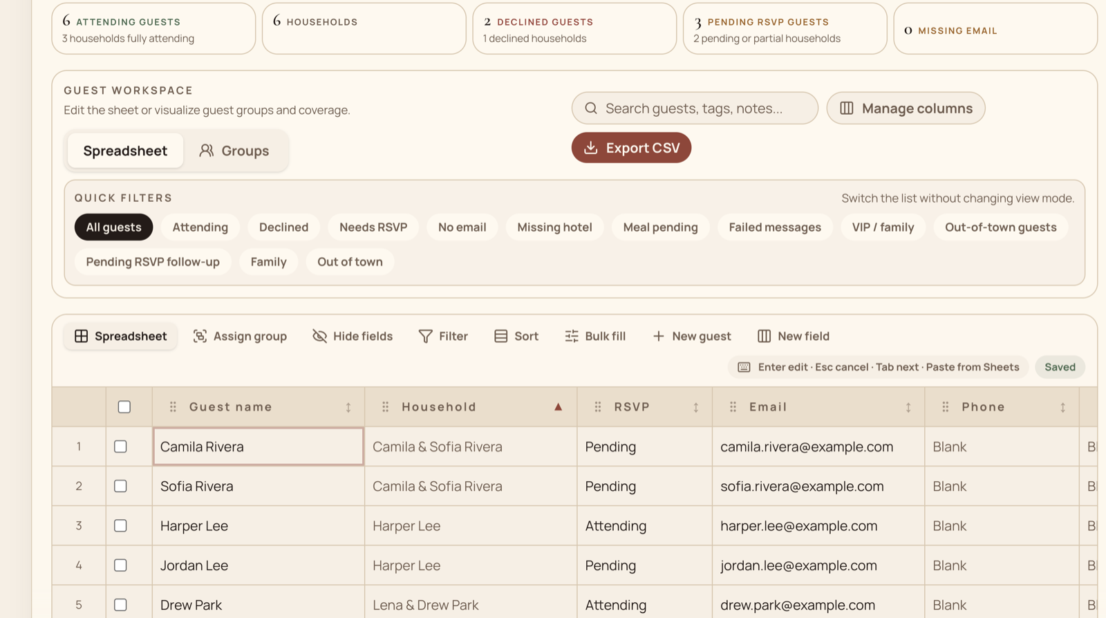 Mira guest list spreadsheet showing guest names, households, RSVP state, email, and phone columns
