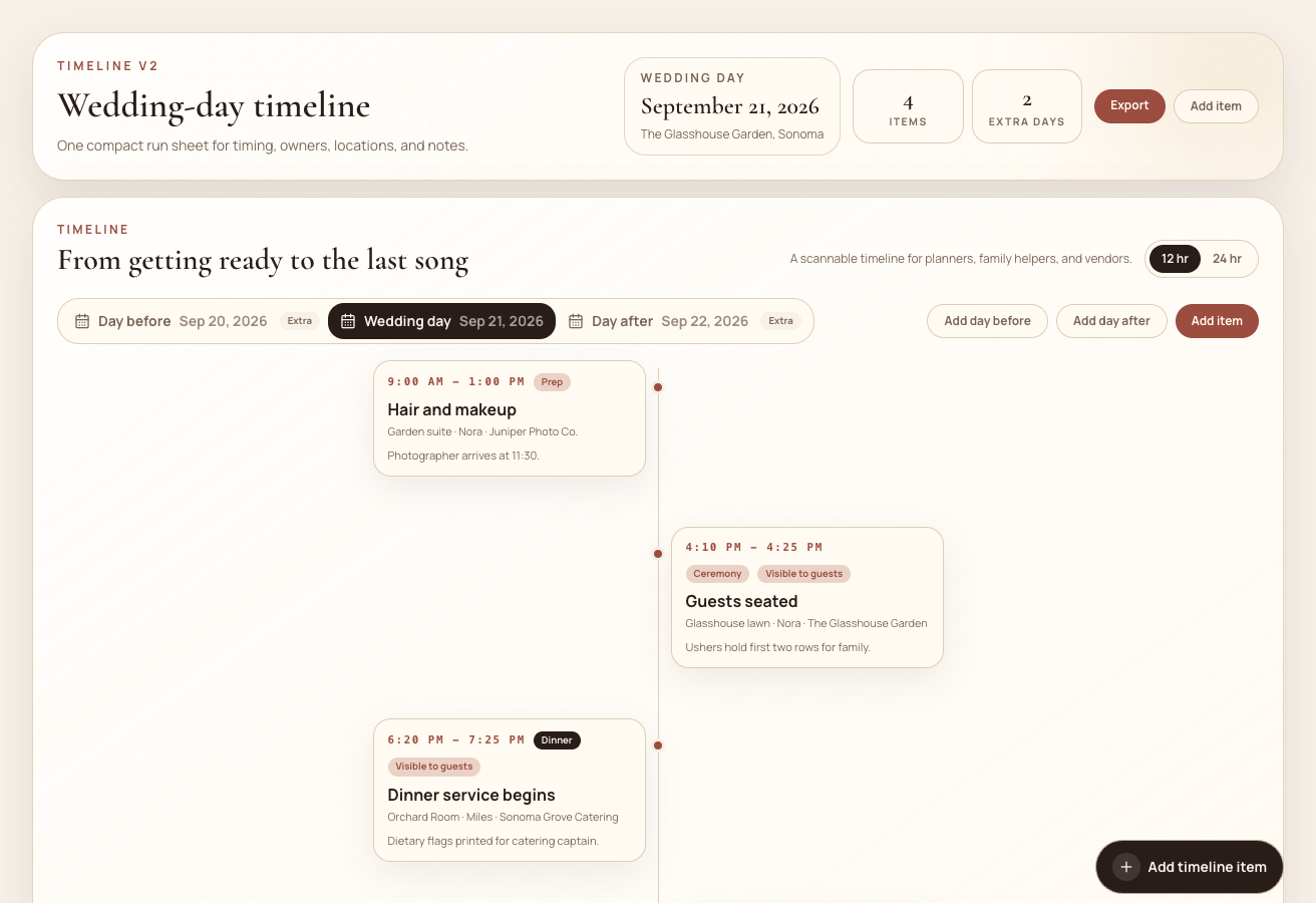 Mira wedding-day timeline with time, owner, and location for each moment
